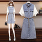 Summer Plus Size Dress Women Fake Two-piece Shirt Dress Midi Denim Dress with Belt