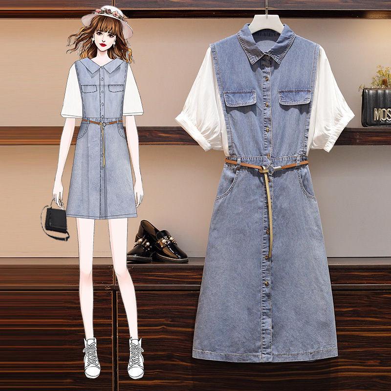 Summer Plus Size Dress Women Fake Two-piece Shirt Dress Midi Denim Dress with Belt