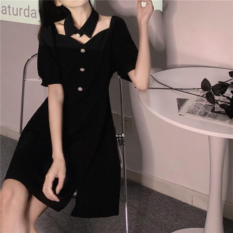 Black Sexy Dress Design Sense Niche Mid-length Split Dress Female Waist Waist Is Thinner, Black Lady A-line Version Dress Waist Waist Is Thinner