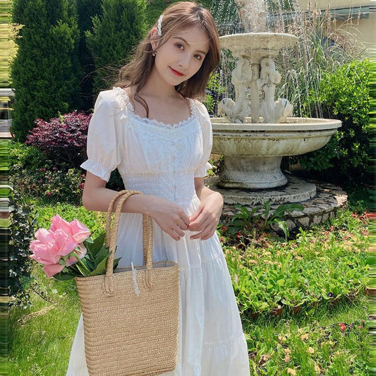 Female Simple and Elegant Travel Casual Dress Bubble Sleeve Slim Square Collar Long Dress In Summer