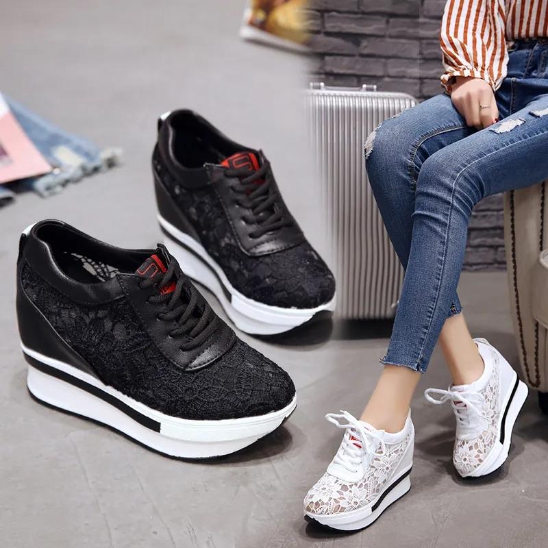 Women Summer Mesh Lace Shoes Thick Soled Wedge Slip-On Sneakers Female Large Size Hollow Out Casual Breathable Shoes