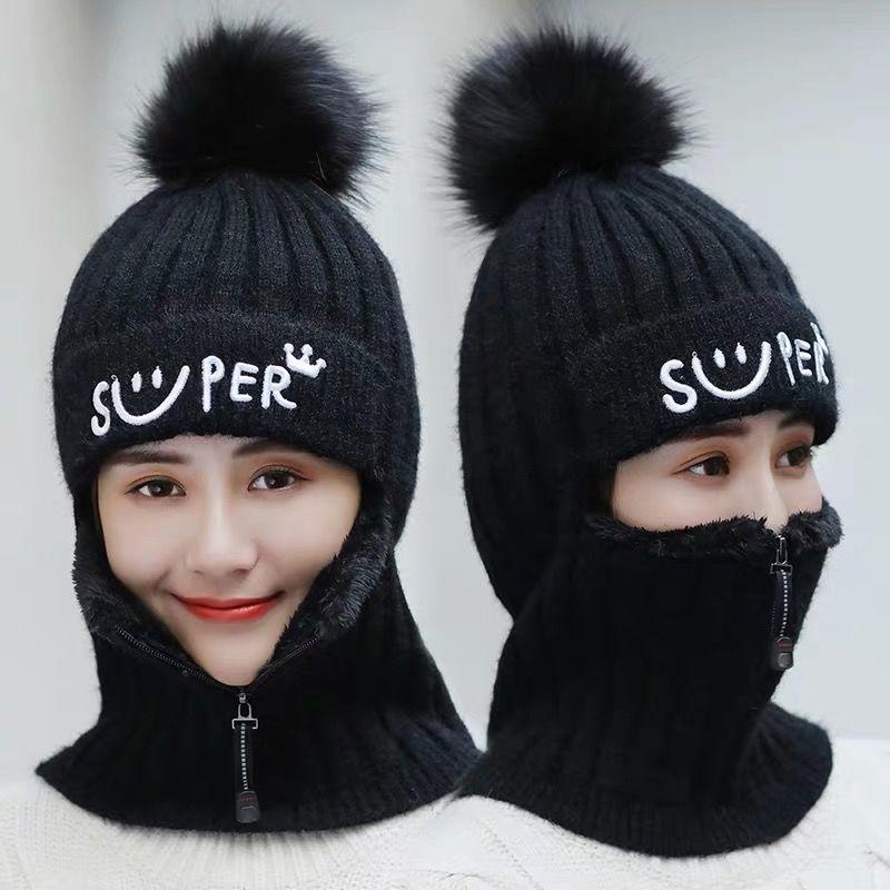 Zipper Hat Autumn and Winter Knitted Ear Protection Woolen Cap Mask Warmth and Velvet Thickening All-match Cycling Hood
