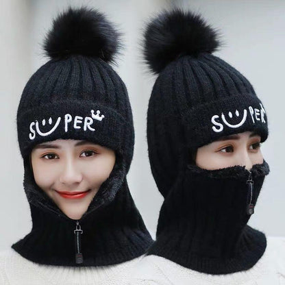 Zipper Hat Autumn and Winter Knitted Ear Protection Woolen Cap Mask Warmth and Velvet Thickening All-match Cycling Hood
