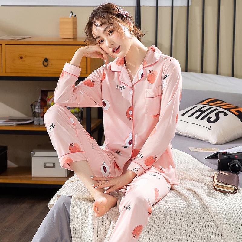 Women  Pajamas Set Cute Pyjamas Suit Turn-down Collar Sleepwear Long Sleeve Home Wear Casual Loose Nightwear Cartoon Night Shirt Top and Pants Sets
