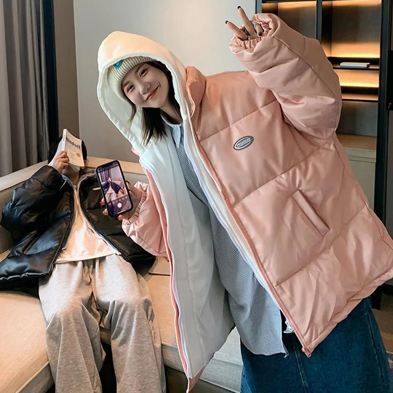 Winter Fake Two-piece Pu Leather Cotton Coat Loose Bread Coat Korean Version Cotton Coat Women's Cotton Jacket Warm Casual Coat Top Outdoor Jacket