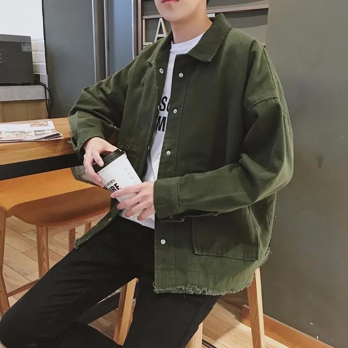 Solid Color Cotton Lapel Work Jacket Men's Loose Korean Style Trend All Match Casual Cardigan Jacket Sweatshirt