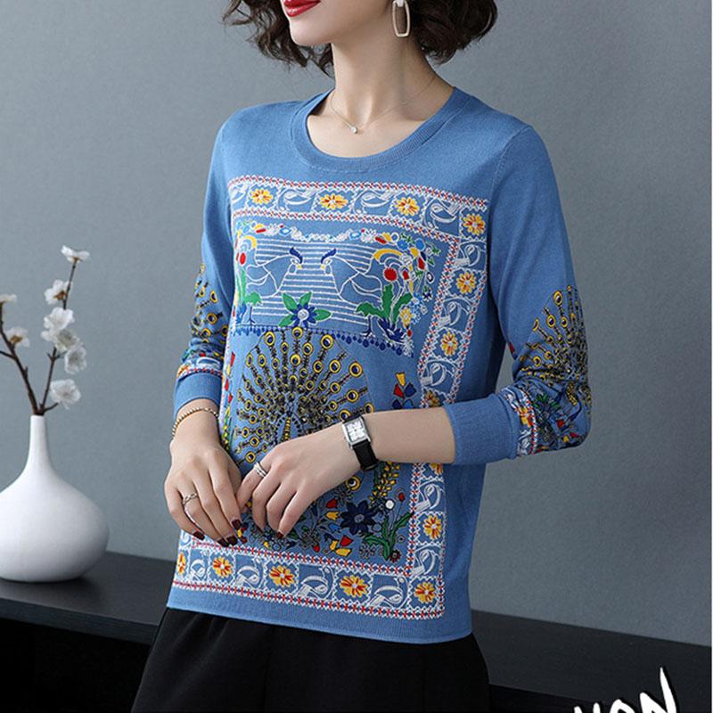 Autumn  Winter Ethnic Style 3D Printed Sweater Women Short Pullover Knit Bottoming Sweater Outer Wear Plus Size High-end Sweater