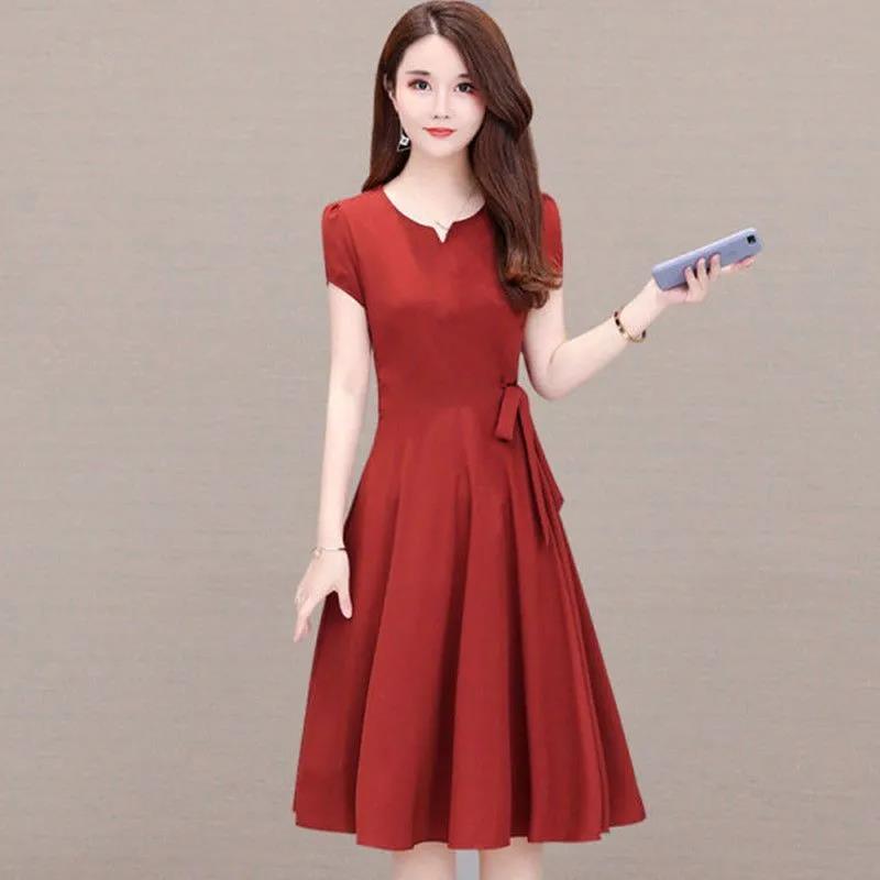 Summer Plus Size Women's Dress Mid-length Over-the-knee Belt Slim-fit A-line Long Dress