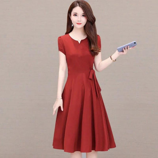 Summer Plus Size Women's Dress Mid-length Over-the-knee Belt Slim-fit A-line Long Dress
