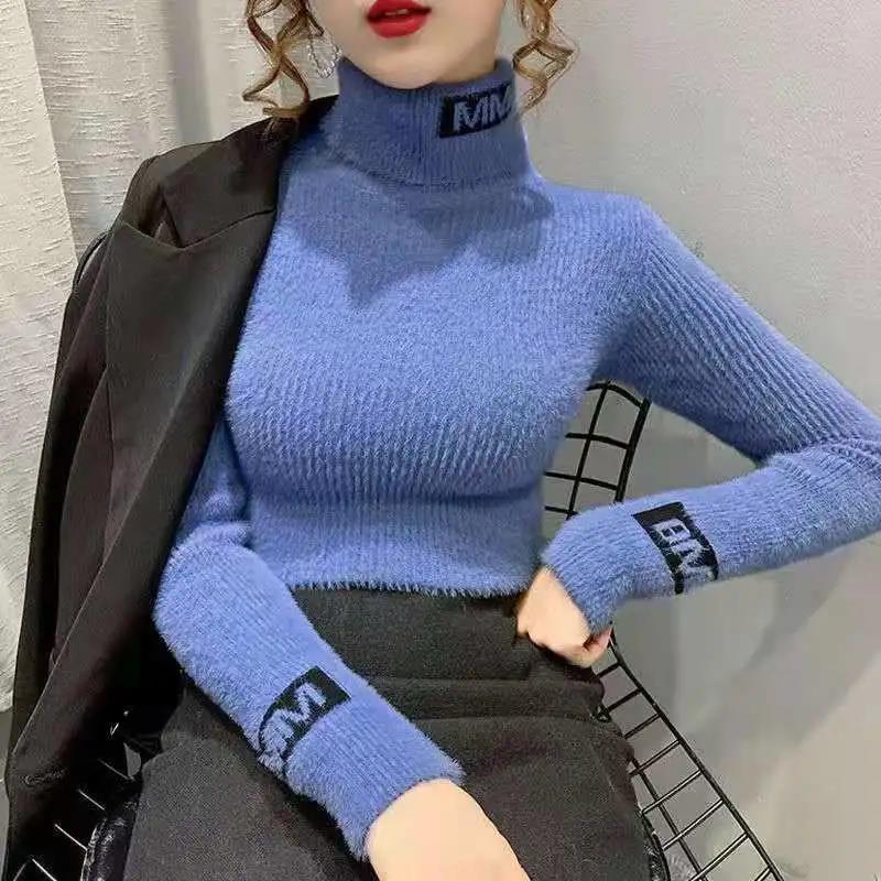 Turtleneck Sweater Women's Waterproof Mink Fleece Slim Fit Thin Bottoming Shirt Letter Print Long Sleeve Knit Sweater