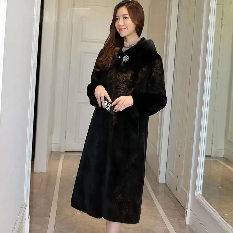 Faux Fur Coat Winter Ladies Mink Velvet Coat Mid-length Hooded Plus Velvet Thick Fashion Warm Fur Coat