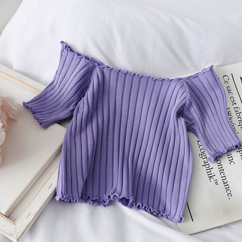 French Short Off Shoulder Knitting Shirt Female Summer Vertical Stripes Short Sleeve Ruffles Hem Crop Tops