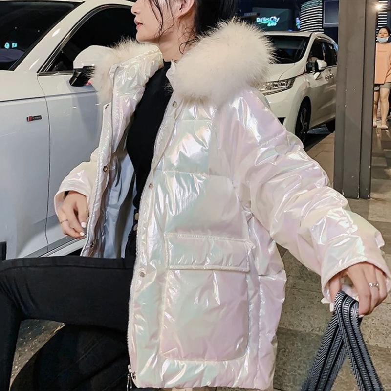 Women's Glossy Loose Down Jacket Mid-length Korean Thick Coat Warm Cotton Coat with Big Fur Collar Winter Quilted Jacket