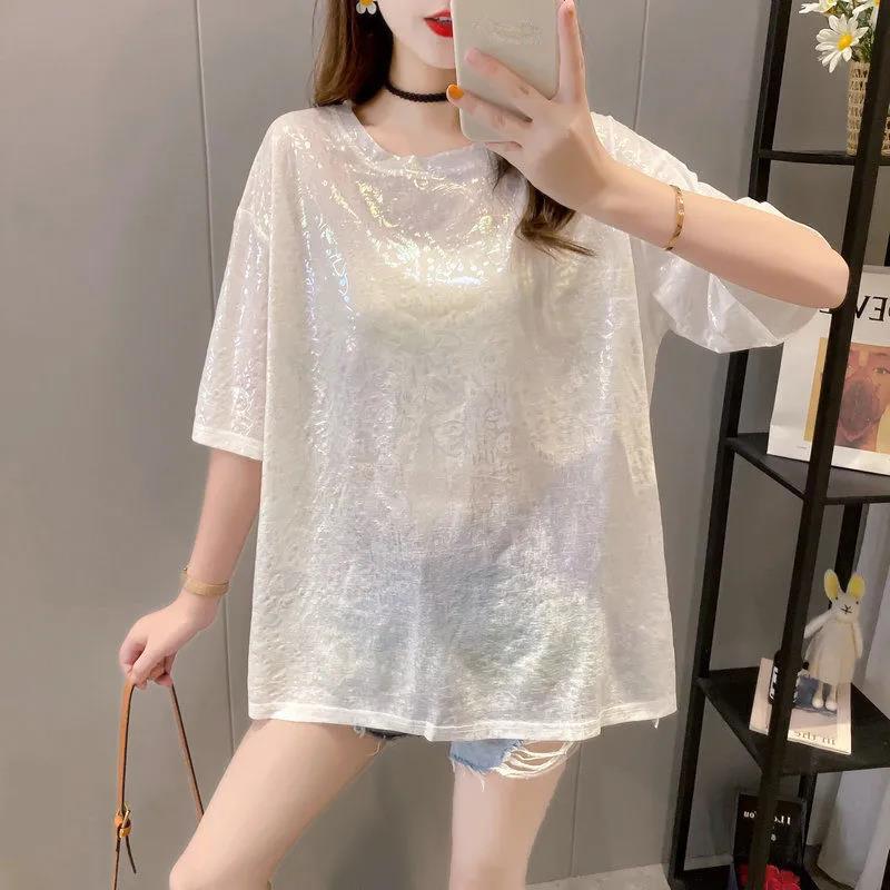 Ice Silk Loose Short-sleeved T-shirt Printing Glittering Half-sleeved Top Women Loose Round Neck Casual Pullover T-shirt Women
