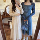 French Dress Korean Style Mid-length Long-sleeved Square Neckline Mesh  Receiving Waist Slim Skirt