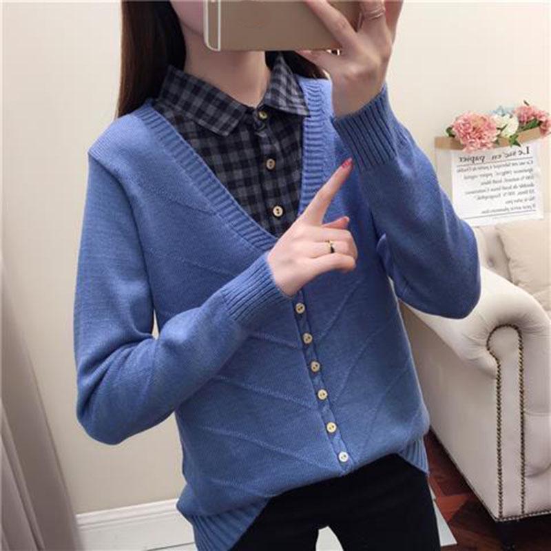 Autumn/Winter Korean Patchwork Pullover Loose Lapel Sweater Female Fake Two Piece Pullover Knitted Sweater Top