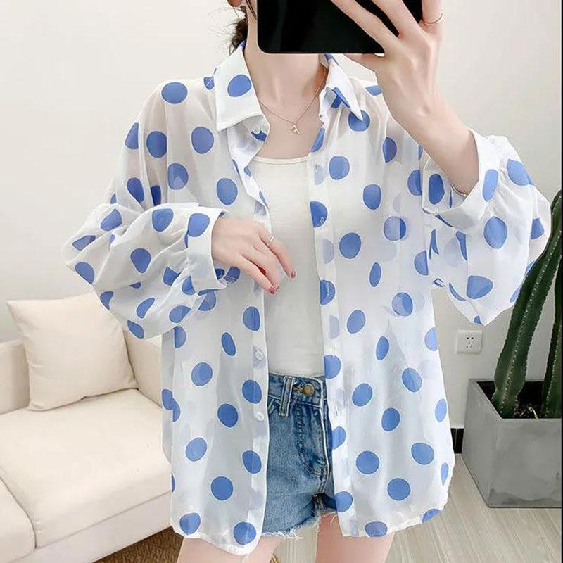 Dot Chiffon Sunscreen Female Summer Korean Version Loose Shirt  Regular  Turn-down Collar  Printing  Woman Tops
