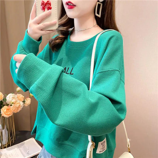 Women's Spring and Autumn Korean Style Waffle Sweater Loose Design Long Sleeve Short Large Size Top