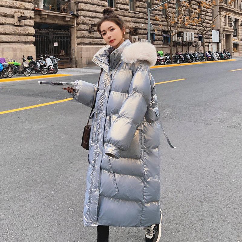 Winter Down Padded Jacket Women's Mid-length Over The Knee Winter Korean Students Loose Thick Large Fur Collar Padded Jacket