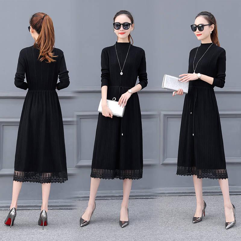 Women Solid Color Sweater Dress Long Section Turtleneck Lace Knitted Skirt Pullover
