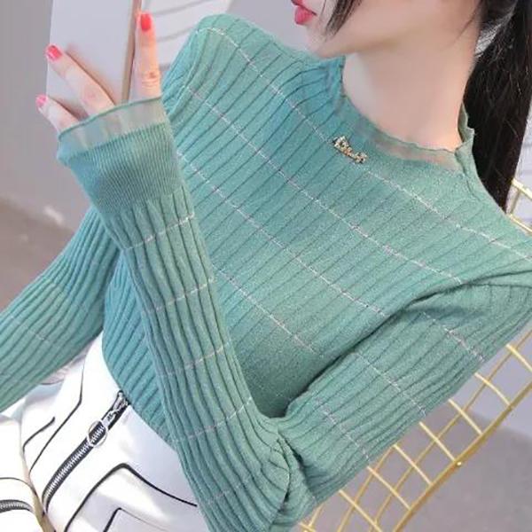 Women's Half Turtleneck Mesh Fungus Edge Bottoming Shirt Slim Fit Long Sleeve Knit Stretch Plus Size Sweater