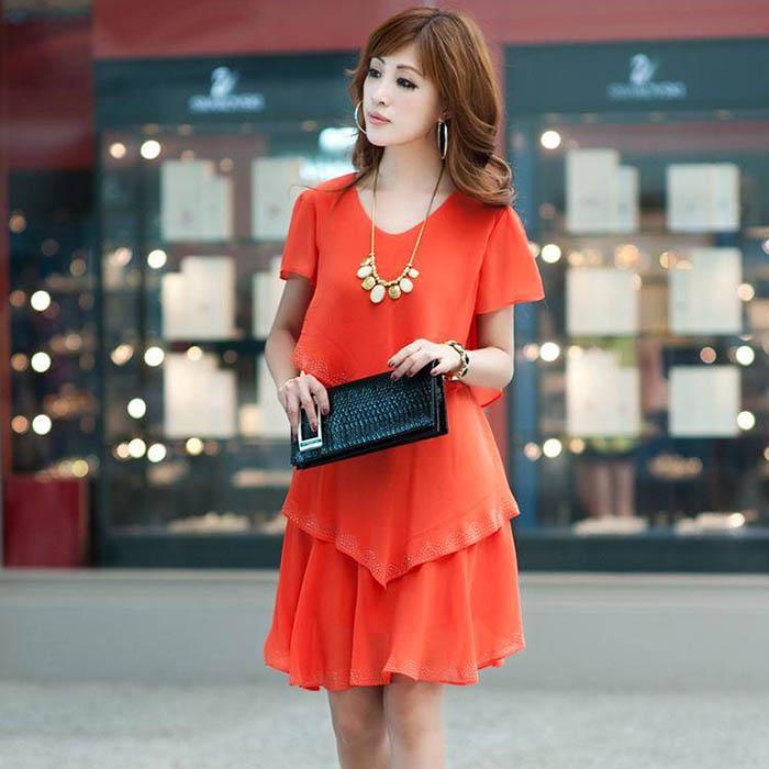 Pofulove L-5XL Women Plus Size Chiffon Dress Loose Mid-length V-neck A-line Beach Skirt Sun dresses