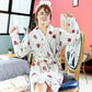 Women's Priting Nightgown Long Sleeves Bathrobe Coral Flannel Pajamas Dress Cute Cartoon Pocket Plus Velvet Thick Bathrobe with Belt
