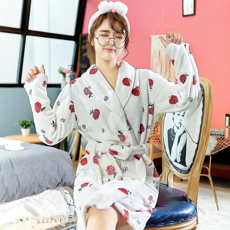 Women's Priting Nightgown Long Sleeves Bathrobe Coral Flannel Pajamas Dress Cute Cartoon Pocket Plus Velvet Thick Bathrobe with Belt
