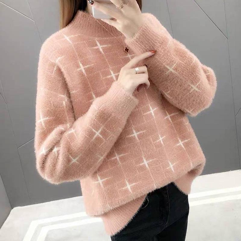 Pofulove Women Winter Warm Mohair O-Neck Pullover Sweaters Long Sleeve Loose Sweater Knitted Tops