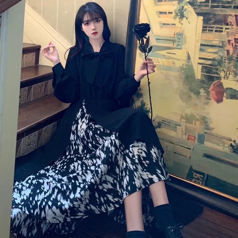 Women Sexy Floral Black Dresses Long Sleeve Dress with Irregular Stitching Spring and Autumn Dress