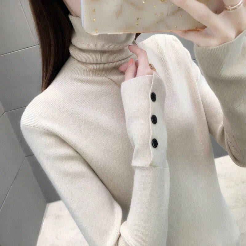 Pofulove Women Turtleneck sweater button warm Knitted Pullover Sweater Tops Pull Femme Jumper Winter