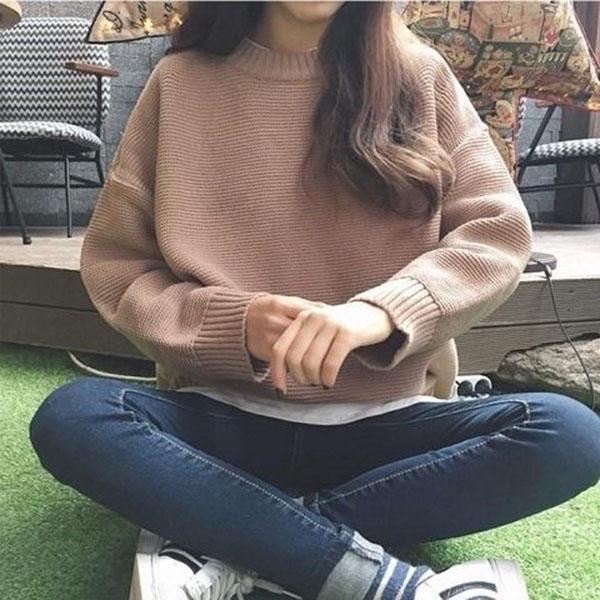 Autumn and Winter College Style Coat Solid Color Loose Top Knitted Long-sleeved Female Student Bottoming Shirt