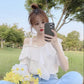 Off-shoulder Ruffled Sweet and Loose Short-sleeved Chiffon Shirt Women's White Off-the-shoulder Shirt Lace Trim Design Ruffled Trim