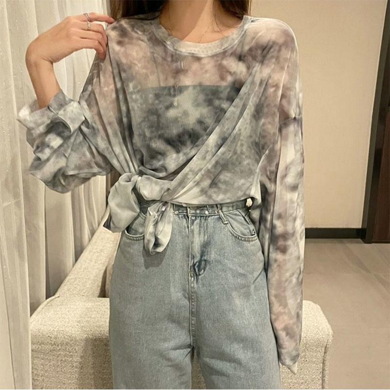 Tie-dye Sunscreen Women's Wear Loose Mesh See-through Thin Long-sleeved T-shirt