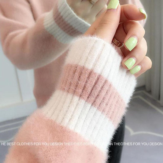 Autumn and Winter Mohair Thick Sweater Short V-neck Loose Coat Long Sleeve All-match Female Top