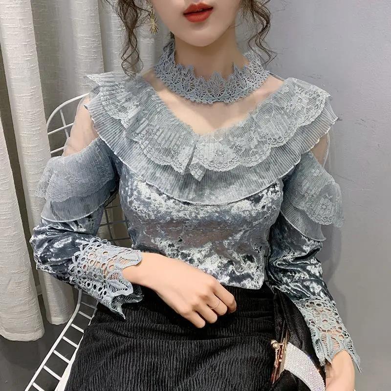 Half Turtleneck Gold Velvet Lace Bottoming Shirt Spring Fashion Halter Mesh Ladies Long Sleeve Top