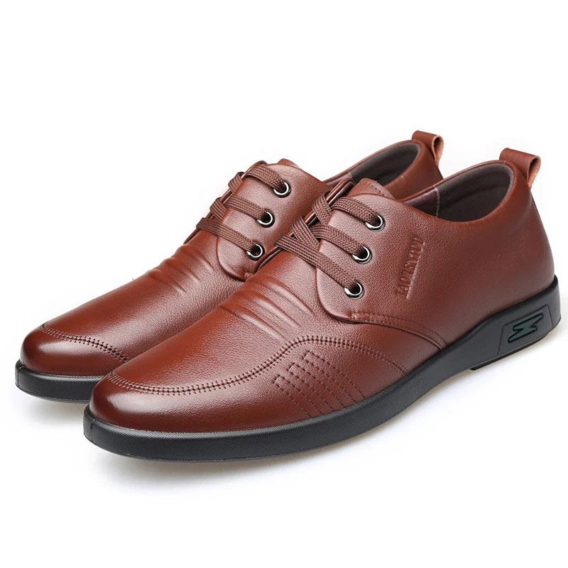 Men's Spring and Autumn Business Leather Shoes Real Cowhide Round Toe Breathable Dad Shoes Husband Casual Shoes Korean Men's Lace-up Shoes