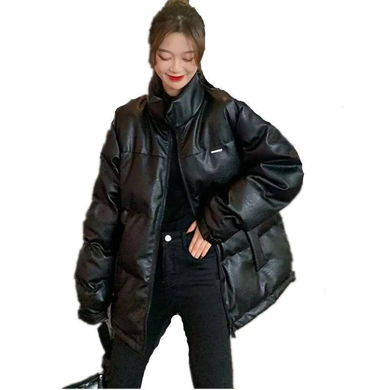 Winter Korean Style Jacket Super Shiny PU Leather Loose Thick Padded Coat Cotton Jacket Women
