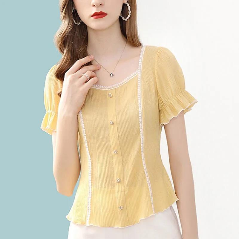 Women's Summer Square Neck Top Loose Chiffon Puff Sleeves
