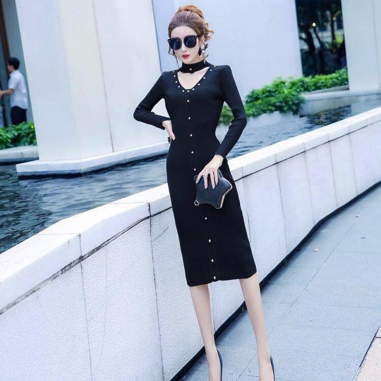 Autumn and Winter OL style Slim Long Knitted Dress Female Bag Hip Long-sleeved Knitted Sweater Bottoming Dress