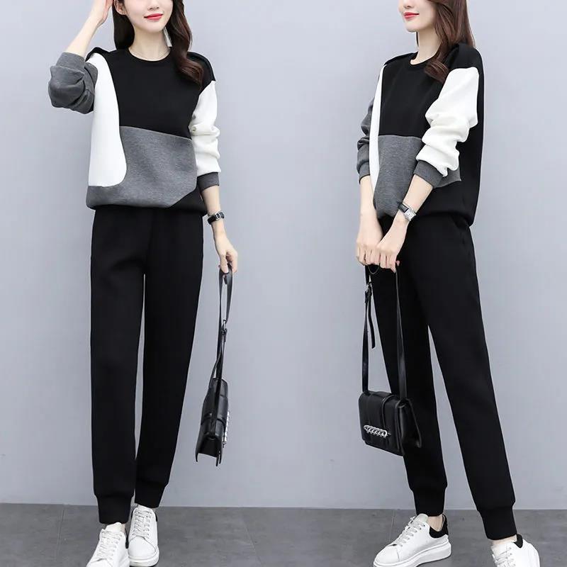 Women's Suits Are Loose Thin and Age-reducing Casual Two-piece Round Neck Long-sleeved Shirt + Casual Pants Warm and Comfortable