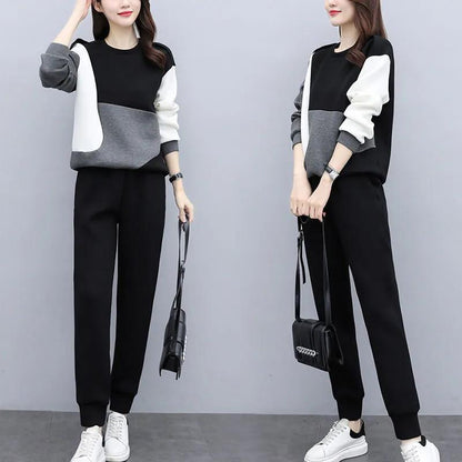Women's Suits Are Loose Thin and Age-reducing Casual Two-piece Round Neck Long-sleeved Shirt + Casual Pants Warm and Comfortable
