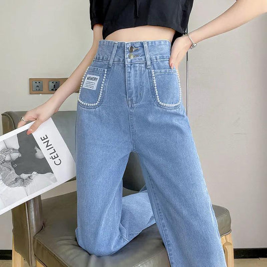 Pearl Straight-leg Jeans Women's Loose 2022 Spring and Autumn Summer Korean Version Are Thin, High-waisted, Wide-leg Mopping Pants