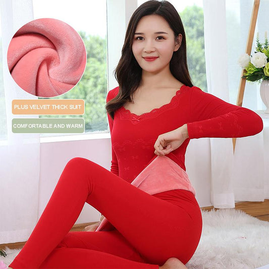 Thermal Underwear Women's Thickening and Velvet Suit Tight-fitting Body Students Autumn Clothes Long Trousers Youth Winter Cotton Sweater