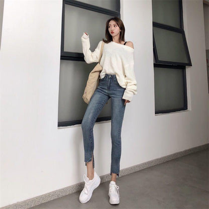 WTEMPO High Waist Ripped Jeans Clothes Stretch Denim Clothing Blue Street Clothes Fashion Retro Pants