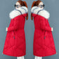Winter Christmas Women's Down Cotton Padded Jacket Long Style Over The Knee Thickened Warm Women's Parka Coat Hooded Fur Collar Coat