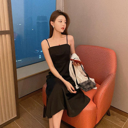 Custom Dress Female Spring Summer All-match French Sexy Halter Design Solid Color Suspender Skirt