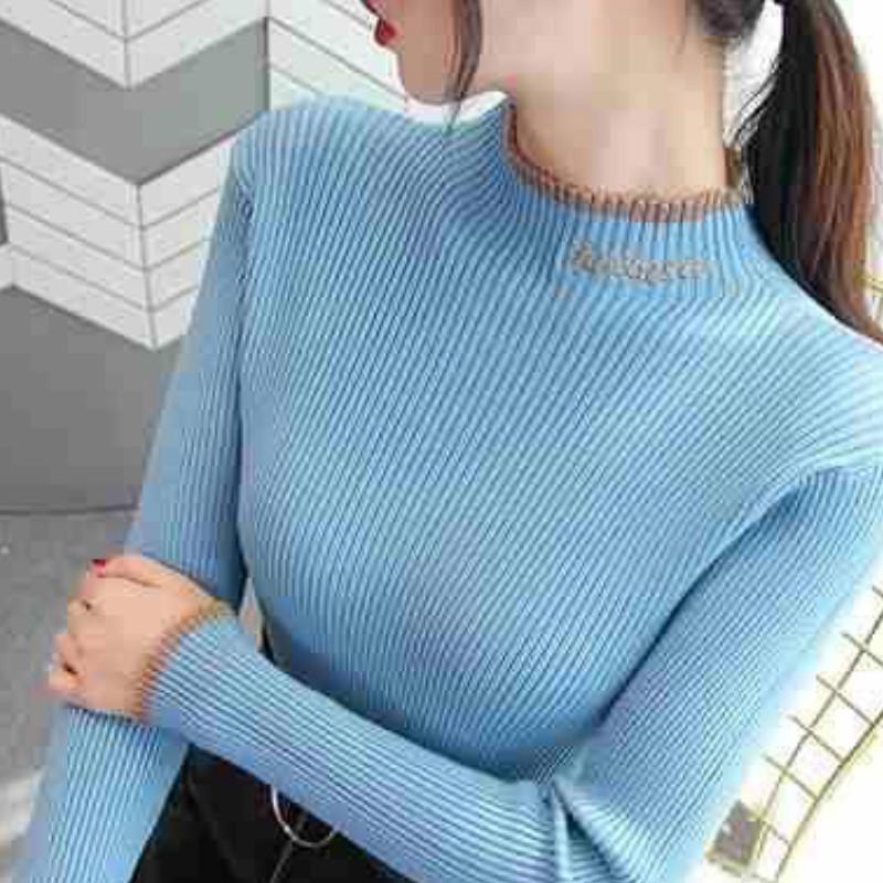 Pofulove Autumn and Winter Hit Color Letters Sweater Plus Velvet Thick Sweater Slim Was Thin Shirt