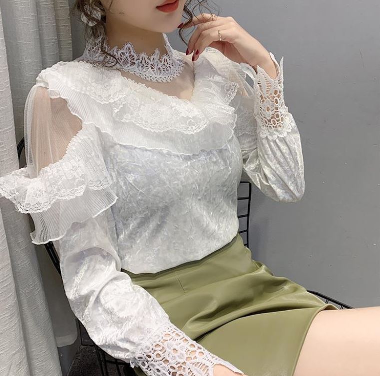 Half Turtleneck Gold Velvet Lace Bottoming Shirt Spring Fashion Halter Mesh Ladies Long Sleeve Top