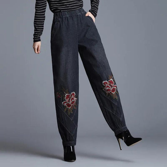 2022 New Spring Jeans Women's High Waist Loose Embroidered Middle-aged Mother Pants Embroidered Casual Jeans